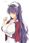  1girl blush breast_hold breasts hair_ribbon large_breasts long_hair murasaki_(senran_kagura) purple_eyes purple_hair senran_kagura solo 