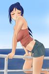  bare_shoulders blue_hair breasts closed_eyes derivative_work highres large_breasts looking_at_viewer love_live! love_live!_sunshine!! matsuura_kanan midriff navel ocean ponytail pursed_lips railing shirow_(mha03133) short_shorts shorts solo straddling unbuttoned 