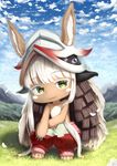  animal_ears bangs barefoot blue_sky blunt_bangs chibi cloud cloudy_sky commentary day ears_through_headwear eyebrows_visible_through_hair field furry green_eyes hat horns long_hair looking_at_viewer made_in_abyss nanachi_(made_in_abyss) outdoors pants parted_lips sasoura sky smile solo topless whiskers white_hair 