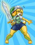  2017 5_fingers abstract_background animal_crossing anthro armor battle_ready big_breasts blue_background breasts canine clothed clothing digital_media_(artwork) dipstick_tail dog feathers female floppy_ears fur helmet invalid_tag isabelle_(animal_crossing) mammal melee_weapon multicolored_fur multicolored_tail nintendo open_mouth pose shih_tzu simple_background skirt slightly_chubby solo spread_legs spreading standing sword tan_fur teckworks teeth thick_thighs tongue two_tone_fur vest video_games voluptuous weapon white_fur yellow_fur 