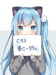  amashiro_natsuki animal_ears bangs blue_eyes blue_hair blush cat_ears comiket_93 commentary_request covered_mouth eyebrows_visible_through_hair grey_background grey_sweater hair_bobbles hair_ornament holding holding_sign long_hair long_sleeves looking_at_viewer one_side_up original sign simple_background sleeves_past_wrists slit_pupils solo sweater tareme translation_request two-tone_background upper_body white_background 