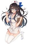  black_hair brown_eyes clipboard commentary_request eyebrows_visible_through_hair full_body garter_straps hat high_heels highres long_hair looking_at_viewer nurse nurse_cap open_mouth original retsuto simple_background smile solo syringe thighhighs white_background white_legwear 