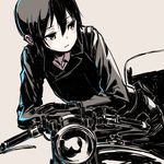  bangs black_gloves black_hair gloves grey grey_background ground_vehicle hair_between_eyes hermes jacket kino kino_no_tabi kuroboshi_kouhaku light_smile looking_to_the_side motor_vehicle motorcycle parted_lips short_hair sidelocks simple_background solo_focus 