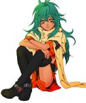  ao_shatsu black_footwear boots commentary_request crossed_arms crossed_legs dark_skin emerada_(xenogears) green_hair highres long_hair looking_at_viewer no_pupils orange_eyes scarf shirt shorts simple_background sitting smile solo thigh_boots thighhighs torn_clothes torn_shirt wavy_hair xenogears 