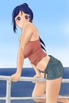  bare_shoulders blue_hair blush breasts derivative_work highres large_breasts looking_at_viewer love_live! love_live!_sunshine!! matsuura_kanan midriff navel ocean parted_lips ponytail purple_eyes railing shirow_(mha03133) short_shorts shorts solo straddling unbuttoned 