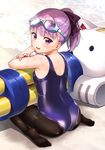  :d ass bangs bare_arms bare_shoulders beach black_legwear blue-framed_eyewear blue_swimsuit blush bow day eyebrows_visible_through_hair fate/grand_order fate_(series) full_body glint goggles goggles_on_head gun hair_bow helena_blavatsky_(fate/grand_order) helena_blavatsky_(swimsuit_archer)_(fate) looking_back no_shoes ocean one-piece_swimsuit open_mouth outdoors pantyhose pantyhose_under_swimsuit ponytail purple_bow purple_eyes purple_hair sand school_swimsuit shiny shiny_clothes short_hair smile soles solo swimsuit tareme toes umakuchi_shouyu water weapon wet 