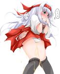  1girl anbee_(arary) bandanna black_legwear blush covering_face embarrassed empty_eyes eyebrows_visible_through_hairlooking_down grey_eyes hands_together hands_up kantai_collection knees_together_feet_apart long_hair panties peeing peeing_self red_skirt shirt short_sleeves shoukaku_(kantai_collection) side-tie_panties simple_background skirt snot solo standing text thighhighs thought_bubble translation_request underwear upskirt wet_clothes wet_panties wet_skirt white_background white_hair white_panties white_shirt 