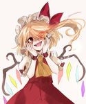  ascot bad_id bad_twitter_id blonde_hair commentary fangs flandre_scarlet gotoh510 hands_on_own_cheeks hands_on_own_face hat hat_ribbon head_tilt highres long_hair looking_at_viewer mob_cap nail_polish open_mouth pointy_ears puffy_short_sleeves puffy_sleeves red_eyes red_nails red_ribbon ribbon short_sleeves side_ponytail simple_background sketch skirt skirt_set smile solo touhou upper_body vest white_background wings wrist_cuffs 