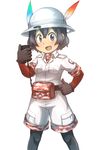  :d alternate_color belt_pouch black_eyes black_gloves black_hair black_legwear breast_pocket camouflage_trim commentary_request cosplay gloves hair_between_eyes hand_on_hip hat hat_feather helmet highres japari_symbol kaban_(kemono_friends) kemono_friends legs_apart looking_at_viewer mirai_(kemono_friends) mirai_(kemono_friends)_(cosplay) open_mouth pantyhose pantyhose_under_shorts pith_helmet pocket pouch shirt short_hair shorts simple_background smile solo thin_(suzuneya) walkie-talkie white_background white_hat white_shirt white_shorts 