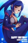  bikini blue_hair breasts character_name cleavage dated happy_birthday highres large_breasts looking_at_viewer love_live! love_live!_sunshine!! matsuura_kanan navel open_wetsuit ponytail purple_eyes sen_(sen0910) smile solo striped striped_bikini swimsuit underwater unzipped wetsuit 