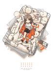  barcode basket brown_eyes brown_footwear brown_hair child commentary doll english jacket long_sleeves looking_at_viewer lying mannequin norizc off_shoulder on_back orange_legwear original shirt shoes shorts simple_background socks solo white_background 
