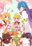  2boys :3 akiyoshi_(tama-pete) apron artist_self-insert blonde_hair blue_eyes bow brother_and_sister bug butterfly cat cloud collaboration collar commentary_request cup cupcake day dessert doughnut dress eating food hair_between_eyes hair_ornament hair_ribbon hairclip headband holding holding_cup holding_food insect kagamine_len kagamine_rin kaito looking_at_viewer looking_back macaron multiple_boys mushroom nail_polish neck_ribbon open_mouth outdoors pants plate polka_dot ribbon sailor_collar scarf scarf_bow short_hair short_sleeves siblings sitting sleeves_past_wrists steam striped table teacup teapot tiered_tray twins vocaloid yoshiki 