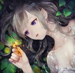  amber_(stone) bare_shoulders breasts brown_hair choker collarbone commentary gem hair_spread_out holding lace lace_choker lily_pad long_hair lying medium_breasts natsuiro_xx on_back original parted_lips pointy_ears purple_eyes solo sparkle upper_body 