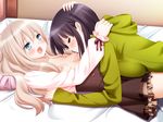  2girls bed black_hair blonde_hair blue_eyes blush canon couple eyes_closed game_cg green_hoodie hand_on_another&#039;s_head hoodie kawamura_reo lying moaning official official_art open_mouth peko sawaguchi_mai small_breasts sono_hanabira_ni_kuchizuke_wo sucking yuri 