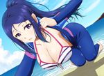  all_fours barefoot beach breasts cleavage day foreshortening hanging_breasts highres large_breasts love_live! love_live!_sunshine!! matsuura_kanan ocean open_wetsuit parted_lips ponytail purple_eyes solo unzipped wara_t-shirt wetsuit 