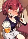  alcohol awa_(bihidasu) bangs beer beer_mug belt black_shirt blush breasts chair checkered checkered_shirt cleavage cup eyebrows_visible_through_hair from_above full-face_blush grin hair_between_eyes highres holding holding_cup horikawa_raiko large_breasts long_sleeves looking_at_viewer looking_up one_eye_closed red_eyes red_hair shiny shiny_clothes shiny_hair shirt short_hair sitting skirt smile solo table thighs tipsy touhou v wavy_hair white_skirt 