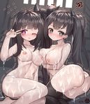  architect_(girls_frontline) ass bad_anatomy black_hair blush breasts collarbone cum cum_on_body girls_frontline hair_ornament highres lactation large_breasts long_hair looking_at_viewer multiple_girls one_eye_closed open_mouth ouroboros_(girls_frontline) panties red_eyes sangvis_ferri side_ponytail tandohark tears twintails underwear v white_panties 