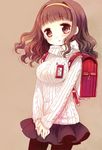  :o backpack bag bangs black_skirt blush breasts brown_background brown_eyes brown_hair eyebrows_visible_through_hair hairband head_tilt higanbana_no_saku_yoru_ni kusunoki_midori large_breasts long_sleeves looking_away name_tag own_hands_together parted_lips pleated_skirt randoseru safety_pin sakurazawa_izumi simple_background skirt solo sweater v_arms white_sweater yellow_hairband 