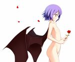  bat_wings collarbone expressionless flat_chest flower lavender_hair nipples no_hat no_headwear nude petals profile pspmaru red_eyes red_flower red_rose remilia_scarlet rose rose_petals short_hair simple_background solo touhou white_background wings 