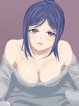  10s 1girl bare_shoulders blue_hair blush breasts cleavage downblouse hanging_breasts large_breasts long_hair looking_at_viewer love_live! love_live!_sunshine!! matsuura_kanan no_bra off_shoulder parted_lips ponytail purple_background purple_eyes simple_background solo yoshi_futo 