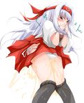  1girl anbee_(arary) bandanna black_legwear blush covering_face eyebrows_visible_through_hair eyes_closed hands_together hands_up kantai_collection knees_together_feet_apart long_hair panties peeing peeing_self red_skirt shirt short_sleeves shoukaku_(kantai_collection) side-tie_panties simple_background skirt sneezing solo standing text thighhighs translation_request underwear upskirt wet_clothes wet_panties wet_skirt white_background white_hair white_panties white_shirt 