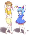  animal_ears barefoot blonde_hair blue_dress blue_eyes blue_hair blush bow bunny_ears bunny_tail cirno collarbone commentary_request cosplay crop_top dress ear_clip flat_cap full_body hair_bow hair_ribbon hands_on_hips hat highres kemonomimi_mode looking_at_another looking_at_viewer midriff multiple_girls navel open_mouth orange_eyes puffy_short_sleeves puffy_sleeves ribbon ringo_(touhou) ringo_(touhou)_(cosplay) rumia seiran_(touhou) seiran_(touhou)_(cosplay) shadow shirt_tug short_hair short_sleeves shorts simple_background smirk standing tail touhou uho_(uhoyoshi-o) white_background 