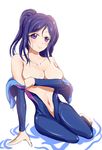  10s 1girl arm_support bare_shoulders blue_hair blush breasts covering covering_breasts large_breasts long_hair looking_at_viewer love_live! love_live!_sunshine!! matsuura_kanan navel off_shoulder one-piece_swimsuit open_clothes ponytail purple_eyes smile solo swimsuit unzipped wet yoshi_futo 