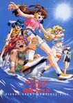  90s arm_grab ayla_v_roznovsky bandages barefoot battle_athletes bicycle blonde_hair blue_eyes blue_hair brown_eyes brown_hair day fang fangs ground_vehicle highres holster jessie_gurtland kanzaki_akari leg_grab long_hair low-tied_long_hair midriff multiple_girls non-web_source official_art open_mouth outdoors purple_hair red_hair riding rimless_eyewear shirt short_shorts short_sleeves shorts skating squatting sun sunglasses tank_top tanya_natdhipytadd thigh_holster tied_shirt torn_clothes unbuttoned_pants water_surface wristband yanagida_ichino 