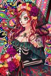  black_gloves breasts cleavage cross dia_de_los_muertos dress elbow_gloves flower gloves green_eyes hair_flower hair_ornament halloween heart jewelry large_breasts long_hair matsurika_youko necklace original red_hair solo tattoo 