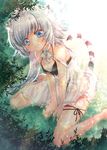 animal_ears bare_shoulders barefoot between_legs blue_eyes breasts closed_mouth collarbone day dress eyebrows_visible_through_hair grass hand_between_legs highres long_hair on_ground original outdoors silver_hair sitting slit_pupils small_breasts smile solo striped_tail sundress sunlight tail tiger_ears tiger_tail tsurugi_hikaru very_long_hair wariza white_dress 