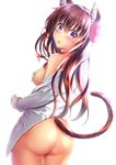  animal_ears ass blush breasts brown_hair cat_ears commentary_request covered_navel cowboy_shot from_behind hair_between_eyes hair_ornament hairpin highres kantai_collection kemonomimi_mode kisaragi_(kantai_collection) long_hair long_sleeves looking_back medium_breasts naked_shirt no_bra no_panties off_shoulder purple_eyes shiny shiny_skin shirt sideboob simple_background single_bare_shoulder solo standing takamichis211 tareme thighs white_background 