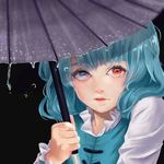  bangs black_background blue_eyes blue_hair blue_vest commentary_request expressionless eyebrows eyelashes heterochromia holding holding_umbrella lips looking_at_viewer nose parted_lips purple_umbrella red_eyes short_hair simple_background solo tatara_kogasa tmkymg touhou umbrella upper_body vest water_drop 