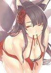  akagi_(azur_lane) all_fours animal_ears azur_lane bare_shoulders black_hair breasts cleavage flower fox_ears fox_tail hair_flower hair_ornament highres large_breasts long_hair mouth_hold nukkoru red_eyes ribbon ribbon_in_mouth swimsuit tail 