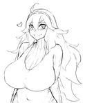  1girl @_@ ahoge al_bhed_eyes blush breasts covered_navel eyebrows_visible_through_hair greyscale headband heart hex_maniac_(pokemon) highres huge_breasts long_hair long_sleeves looking_to_the_side monochrome navel npc_trainer pokemon pokemon_(game) pokemon_xy roresu simple_background sketch smile solo standing turtleneck upper_body white_background 