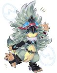  1girl :o aqua_pupils arm_at_side arm_up bare_shoulders belt bird_tail black_legwear black_shirt bottomless claws crop_top detached_sleeves digitigrade feather_hair feathers flat_chest full_body fur_collar gem goggles goggles_on_head green_hair highres ibuki_(xenoblade) leg_up long_hair long_sleeves looking_at_viewer monster_girl no_nose open_mouth purple_eyes shirt simple_background sleeveless sleeveless_shirt sleeves_past_wrists solo sonika_(artist) standing standing_on_one_leg tail talons toeless_legwear tongue triangle_mouth white_background xenoblade_(series) xenoblade_2 