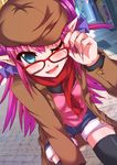  adjusting_eyewear bent_over beret bespectacled black_legwear blue_eyes blush commentary_request elizabeth_bathory_(fate) elizabeth_bathory_(fate)_(all) fang fate/grand_order fate_(series) fingernails glasses hair_ribbon hand_on_own_knee hat horns ikue_fuuji jacket long_fingernails long_hair looking_at_viewer one_eye_closed open_mouth pink_hair pink_shirt pointy_ears ribbon scarf shiny shiny_hair shirt shorts solo thighhighs 