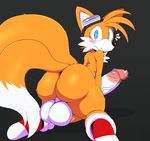  2017 absurd_res anthro balls big_balls big_butt big_penis blue_eyes blush breasts bubble_butt butt canine clothing edit embarrassed eyewear footwear fox fur goggles grey_background hi_res huge_butt looking_at_viewer looking_back male mammal miles_prower mostly_nude multi_tail penis precum simple_background snopythepurv solo sonic_(series) sssonic2 thick_thighs wide_hips 