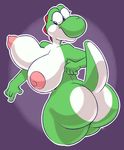  2017 5_fingers anthro areola big_breasts big_butt blue_eyes breasts butt butt_pose digital_media_(artwork) dinosaur eyelashes female green_yoshi hi_res huge_butt invalid_tag komponi looking_back mario_bros nintendo nipples non-mammal_breasts nude portrait rear_view scalie signature simple_background solo spikes standing thick_thighs three-quarter_portrait video_games voluptuous wide_eyed wide_hips yoshi 