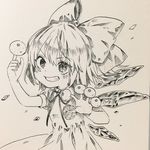  bad_id bad_twitter_id bangs bow cirno commentary dress food fruit gotoh510 greyscale grin hair_bow ice ice_wings index_finger_raised looking_at_viewer mandarin_orange monochrome ribbon simple_background smile solo teeth touhou traditional_media upper_body wings 