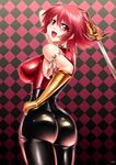  1girl artist_request ass back bare_shoulders blush bodysuit breasts cutie_honey cutie_honey_(character) erect_nipples from_behind gloves hips large_ass looking_at_viewer looking_back open_mouth red_eyes red_hair shiny shiny_clothes shiny_hair shiny_skin short_hair sideboob skin_tight smile solo sword thick_thighs thighs weapon wide_hips 