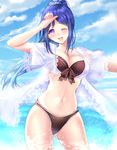  arm_up bikini black_bikini blue_hair blue_sky blush breasts cleavage clenched_hand cloud commentary_request cowboy_shot day dress_shirt front-tie_bikini front-tie_top gorua_(youce01) hand_on_own_forehead large_breasts long_hair looking_at_viewer love_live! love_live!_sunshine!! matsuura_kanan md5_mismatch mismatched_bikini navel ocean one_eye_closed open_mouth outdoors ponytail purple_eyes revision see-through shirt short_sleeves sky smile solo standing swimsuit water wet wet_clothes wet_shirt white_shirt 