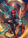  bangs black_shirt blue_eyes boots brown_footwear closed_mouth gen_3_pokemon highres holding holding_poke_ball ice jacket looking_at_viewer male_focus milotic open_clothes open_jacket original poke_ball poke_ball_(generic) pokemon pokemon_(creature) red_hair sa-dui shirt signature solo 