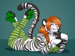  anthro big_breasts bra breasts carifoxleopard clothing feline female fur hair legwear looking_at_viewer lying mammal on_front panties smile solo thigh_highs tiger underwear 