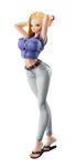  1girl absurdres android_18 blonde_hair blue_eyes bracelet curvy dragon_ball dragonball_z earring feet flip-flops full_body hands_behind_head hips large_breasts looking_at_viewer navel simple_background stomach thighs toes white_background wide_hips 