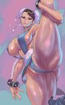  ass bad_anatomy breasts brown_eyes brown_hair chun-li cutesexyrobutts double_bun highres large_breasts leg_lift looking_at_viewer muscle navel parted_lips partially_visible_vulva sideboob signature slingshot_swimsuit solo split standing standing_on_one_leg standing_split street_fighter street_fighter_ii_(series) swimsuit thick_thighs thighs 