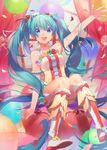  :d aqua_hair arm_up balloon bangs blue_eyes blurry commentary_request confetti depth_of_field elbow_gloves eyebrows_visible_through_hair gloves hair_between_eyes hatsune_miku heiwa_(murasiho) kneehighs knees_together_feet_apart long_hair looking_at_viewer open_mouth partial_commentary single_elbow_glove sitting smile solo tareme teeth twintails very_long_hair vocaloid white_footwear white_legwear 