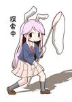  animal_ears black_eyes blazer blush_stickers bunny_ears butterfly_net collared_shirt extra_ears hand_net jacket loafers long_sleeves necktie purple_hair reisen_udongein_inaba shirt shoes socks solo touhou translated zannen_na_hito 