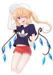  ;d adidas alternate_costume arm_behind_back bad_id bad_twitter_id bare_legs baseball_cap black_shirt blonde_hair blush contemporary cropped_legs ears_visible_through_hair fang flandre_scarlet gotoh510 hand_on_headwear hand_up hat long_hair looking_at_viewer midriff one_eye_closed open_mouth pointy_ears red_eyes shirt short_shorts short_sleeves shorts side_ponytail sidelocks simple_background smile solo t-shirt touhou underwear white_background white_hat wings 
