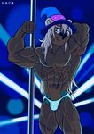  2017 abs anthro bada-butterfly biceps big_muscles bulge clothing digital_media_(artwork) feline hair headwear hyper lion looking_at_viewer male mammal money muscular muscular_male nipples nude pecs pole smile solo speedo standing stitches stripper stripper_pole swimsuit 