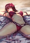  absurdres arm_behind_back beach bikini breasts brown_hair covered_nipples day fate/grand_order fate_(series) flower hair_between_eyes hair_flower hair_ornament highres long_hair luobo_carrot lying medium_breasts navel on_back open_mouth outdoors red_bikini red_eyes red_flower scathach_(fate)_(all) scathach_(swimsuit_assassin)_(fate) solo swimsuit underboob very_long_hair water 